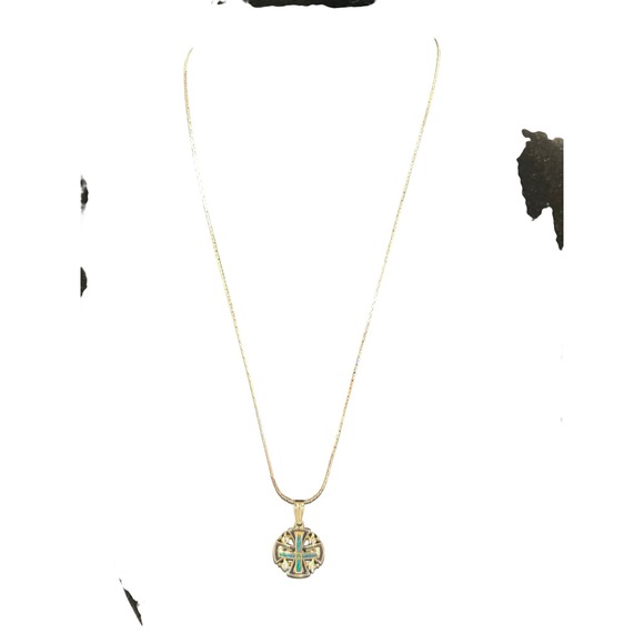 Jerusalem Cross Pendant Necklace Gold Tone Enamel Opal Cubic Zirconia 20